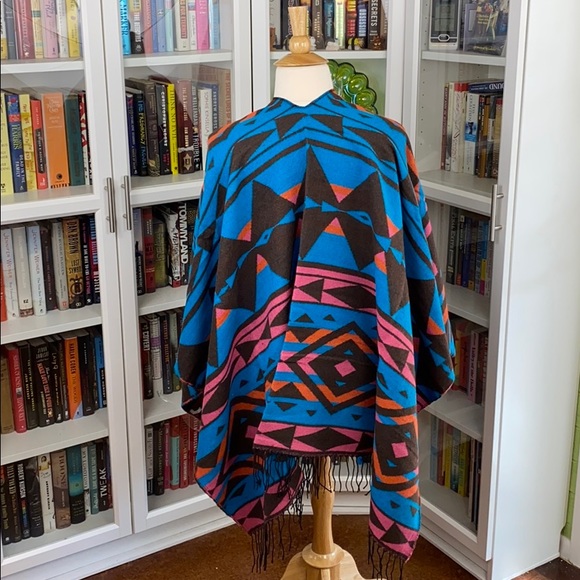 Teal Aztec Ruana Wrap Poncho - Picture 5 of 10